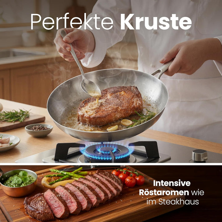 Batoris Edelstahlpfanne Unbeschichtet - Induktion - Profi Bratpfanne 28cm - Perfekt als Steakpfanne