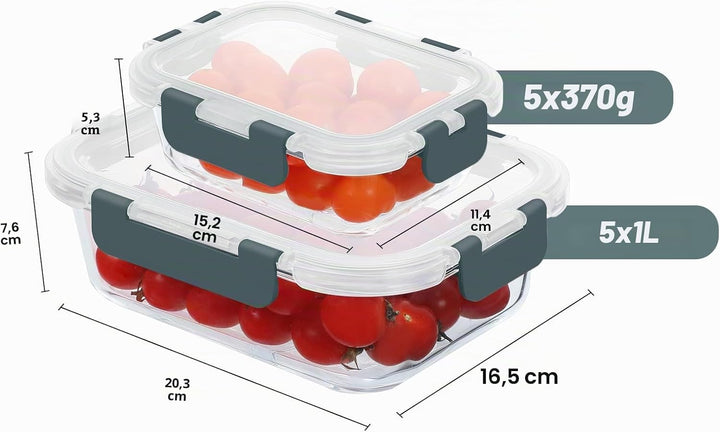 KOMUEE 10 Stück Glasbehälter mit Deckel, Luftdichte Glas Frischhaltedosen Set für Meal prep, BPA-fre