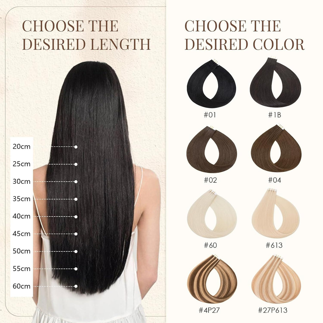 Elailite Tape Extensions Echthaar #1B Naturschwarz, 10 Stück Unsichtbar Kleber Haarverlängerungen 20