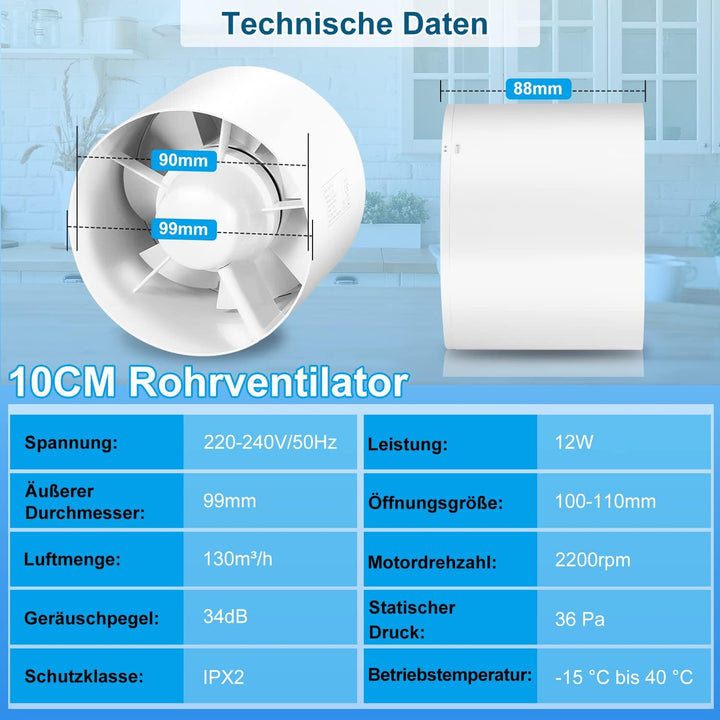 Rohrlüfter 100mm mit Rückstauklappe – Leiser Badezimmerlüfter für Bad, Küche, Garage, 130m³/h Luftab