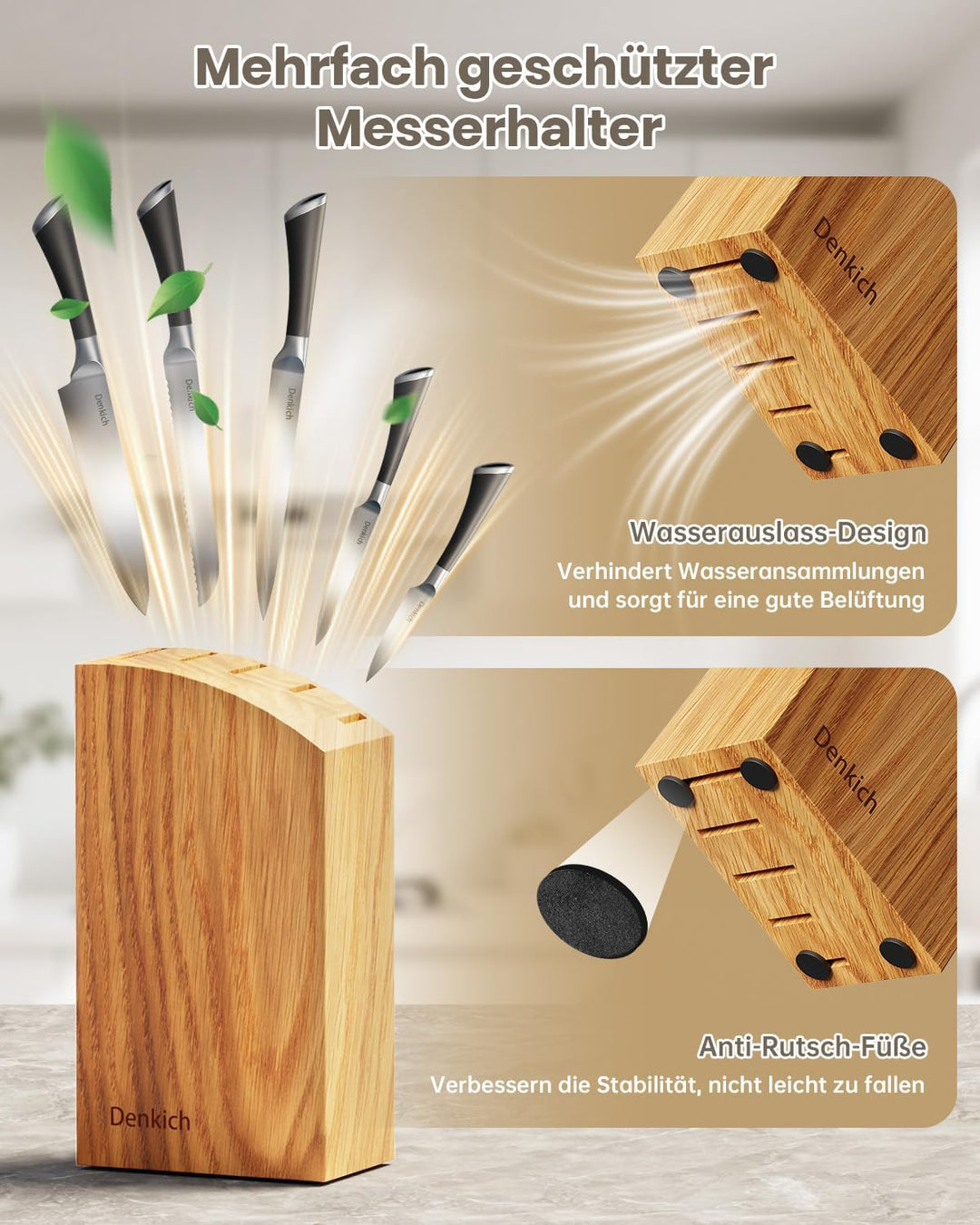 Denkich Messerblock, 6-TLG Küchenmesser Set Scharf, 5 Verschiedene Messerset mit Block, Deutscher Pr