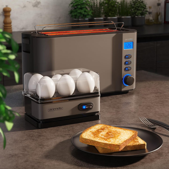 Arendo - SET Toaster MANHA mit Eierkocher SIXCOOK Edelstahl Cool grey, Toaster 4 Scheiben LED-Displa