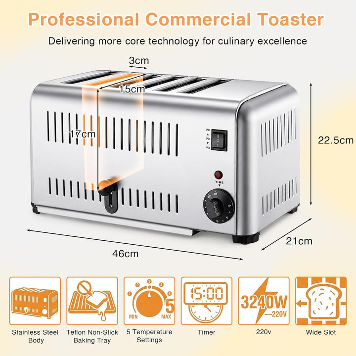 6-Scheiben-Toaster FüR Den Gewerblichen Gebrauch Mit 3cm Breiten Schlitzen, 3240W Toasterfach Aus Ed