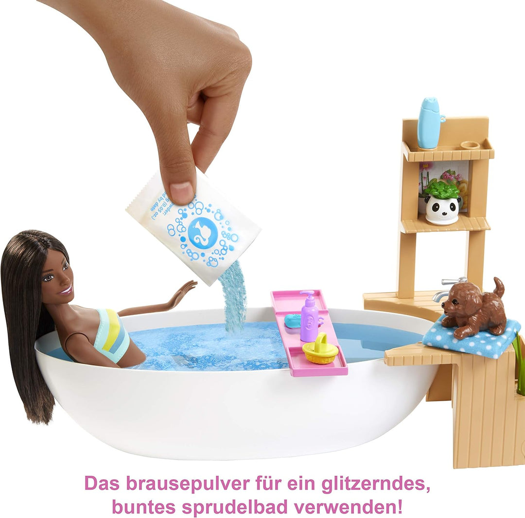 Barbie GJN33 - Wellnesstag Puppe (brünett) und Spielset, mit Badewanne, Hündchen und weiteren Zuebhö