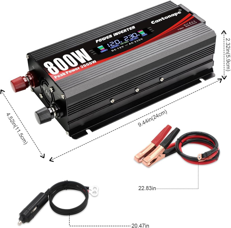 Cantonape 800W Auto Spannungswandler Wechselrichter DC 12V auf 220-230V Power Inverter LCD + 2 USB A