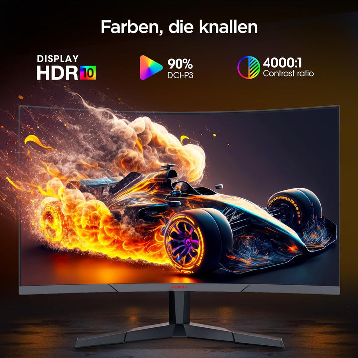 KOORUI Gaming Monitor 27 Zoll, 1800R Gebogene Oberfläche, 2560X1440 (QHD) Bildschirm, 144 Hz 1 ms, D
