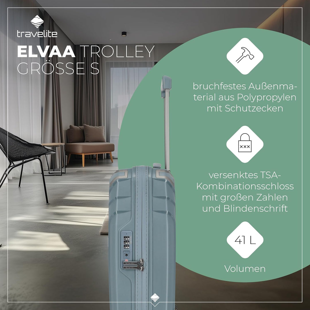 Travelite 4 Rad Handgepäck Koffer Hartschalen, nachhaltig, ELVAA, Boardtrolley mit recyceltem Innenf