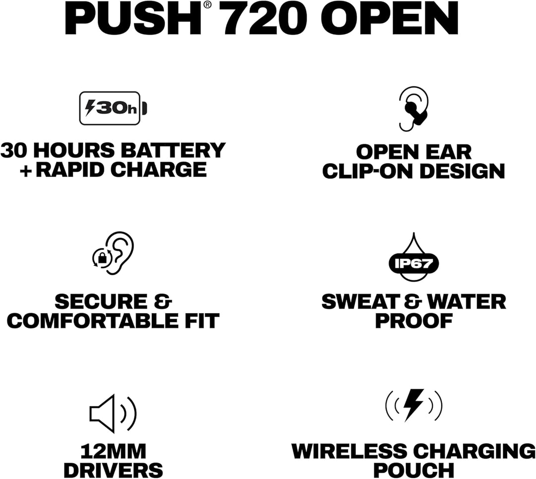 Skullcandy Push 720 Open Wireless Open Ear Bluetooth Earbuds, Headphones, Waterproof, Clip-On Lightw
