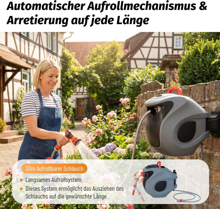 Gardena Wand-Schlauchbox RollUp 30 m – 180° Schwenkbare Schlauchtrommel, Flexible Bewässerung für Gr