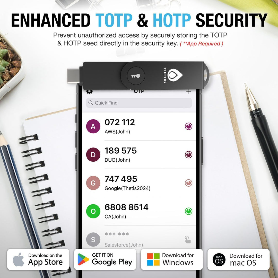 Thetis Pro-C FIDO2-Sicherheitsschlüssel-Passkey-Gerät mit USB C und NFC, TOTP/HOTP-Authentifizierung