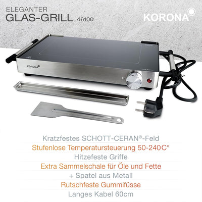 Korona 46100 Glas-Tischgrill | 2 in 1 Tischgrill und Warmhalteplatte | 800 Watt | Edelstahlgehäuse |