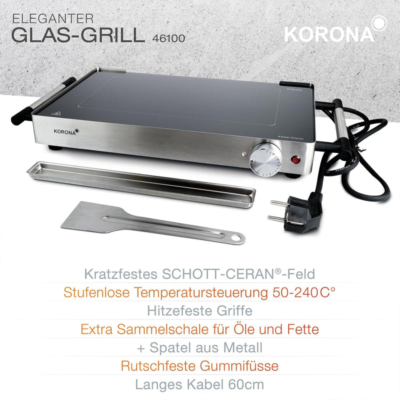 Korona 46100 Glas-Tischgrill | 2 in 1 Tischgrill und Warmhalteplatte | 800 Watt | Edelstahlgehäuse |