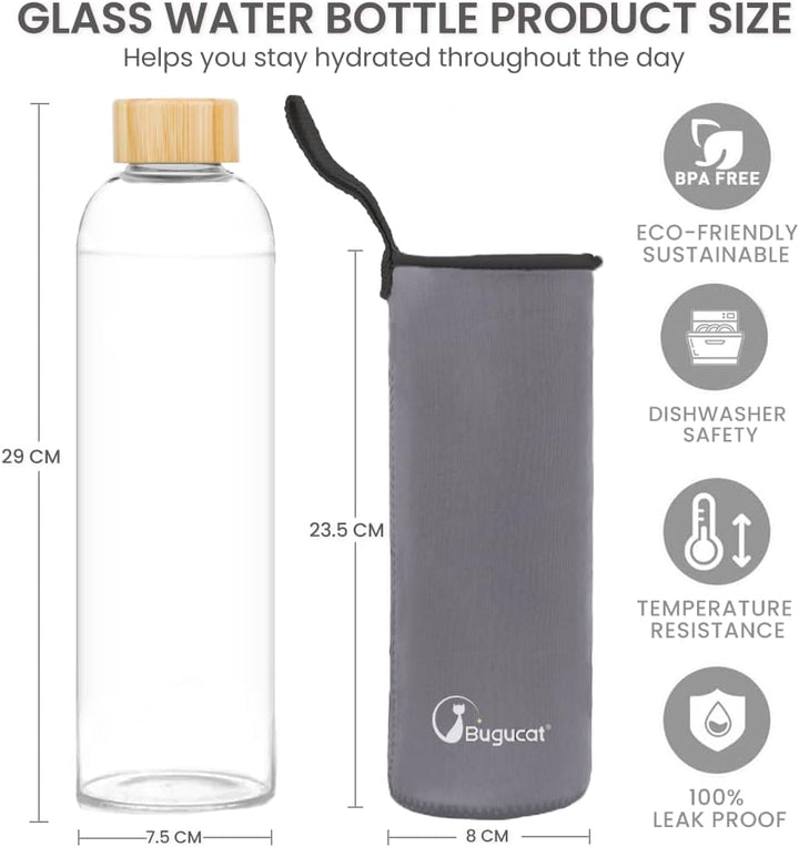 Bugucat Trinkflasche Glas 1L,wasserflasche glas mit Schutzhülle, Glasflasche Wasserflasche aus Boros