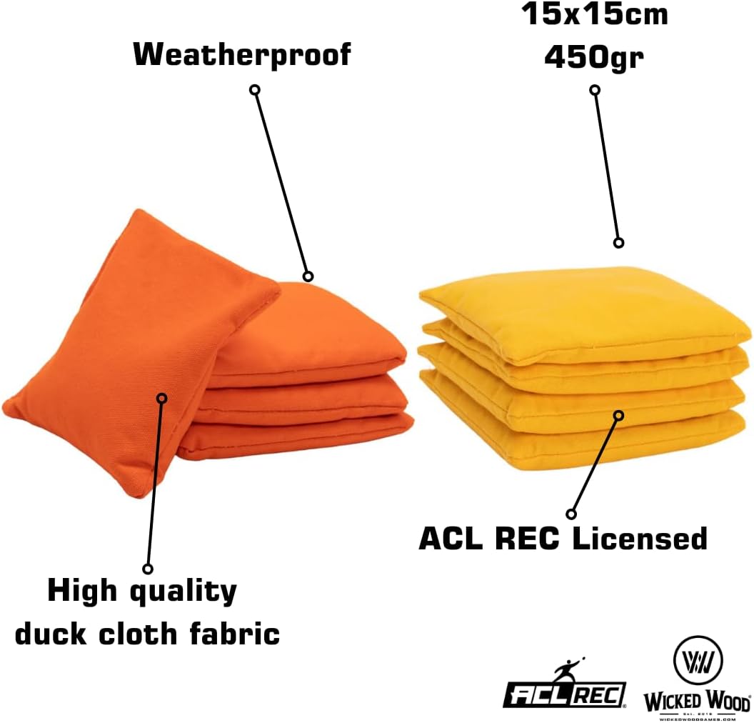 Wicked Wood Games Cornhole Bags – 2 x 4 Offizielle ACO-konform – mehrere Farboptionen orange/gelb, o