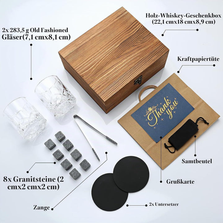 Whiskyglas Geschenkset, Whisky Steine, Whisky Geschenksets für Männer, 8 Whisky Steine 2 Kristall Wh