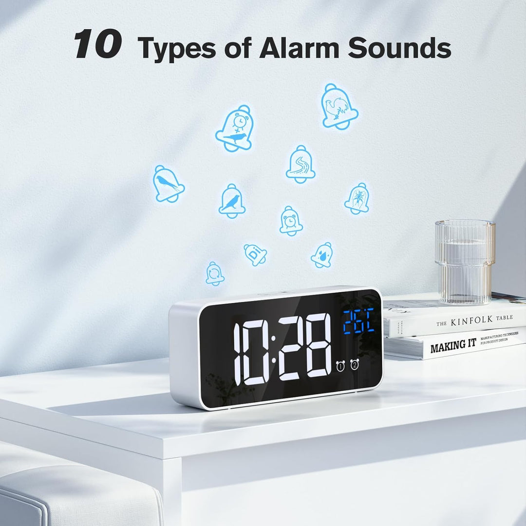 Wecker Digital, LED Digitaluhr mit Temperaturanzeige Tragbarer Spiegelalarm Tischuhr mit 2 Alarmen 1