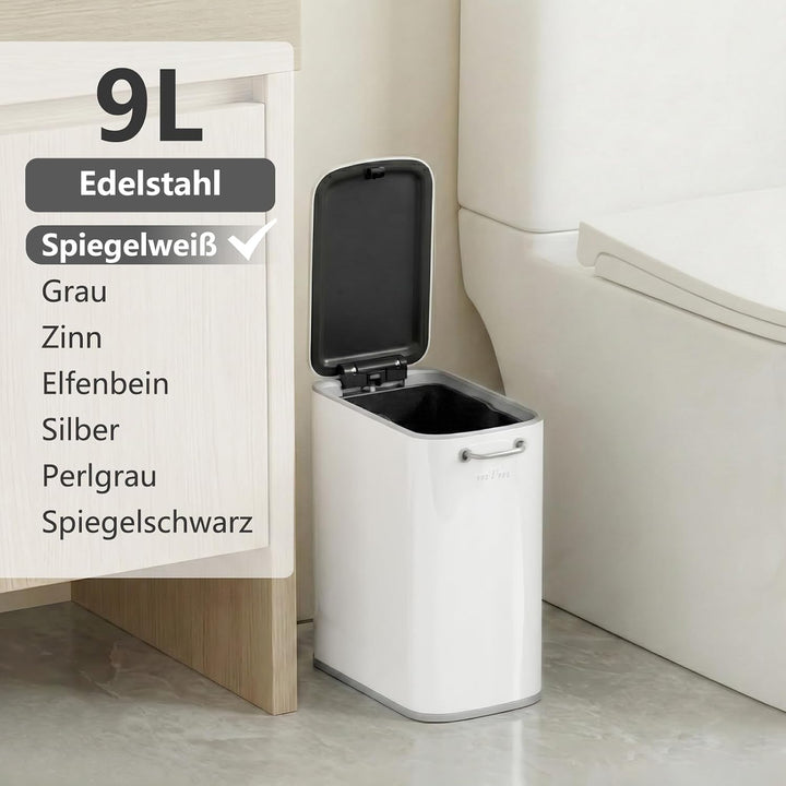 mVm Mülleimer Bad 9L, Abfalleimer Edelstahl, Handbetätigter, Weiss | Soft-Close, Herausnehmbarem Inn