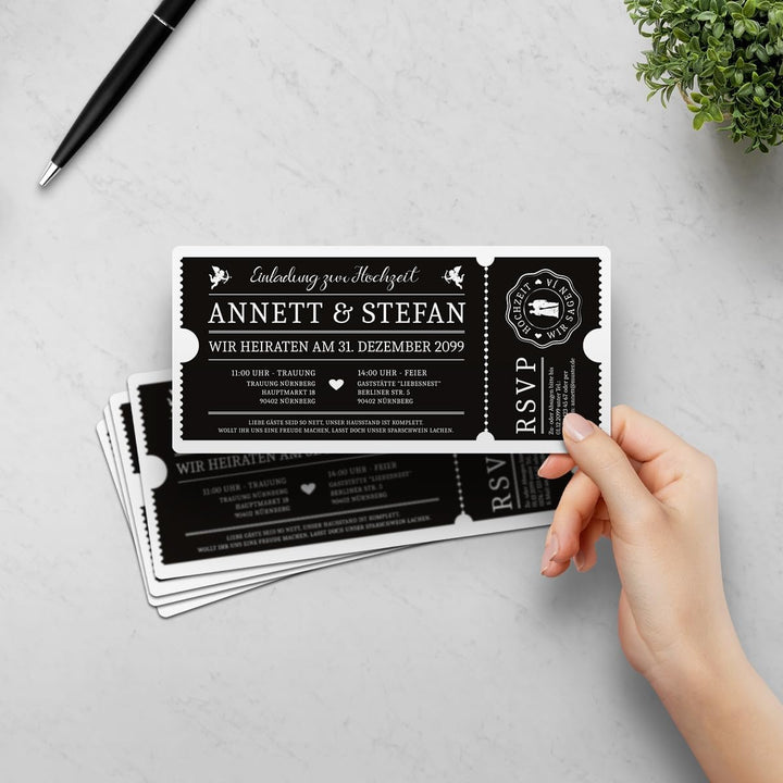 Kartenmachen.de Hochzeit Einladungen Einladungskarten Schwarz-Weiss Ticket Eintritt schwarze Version