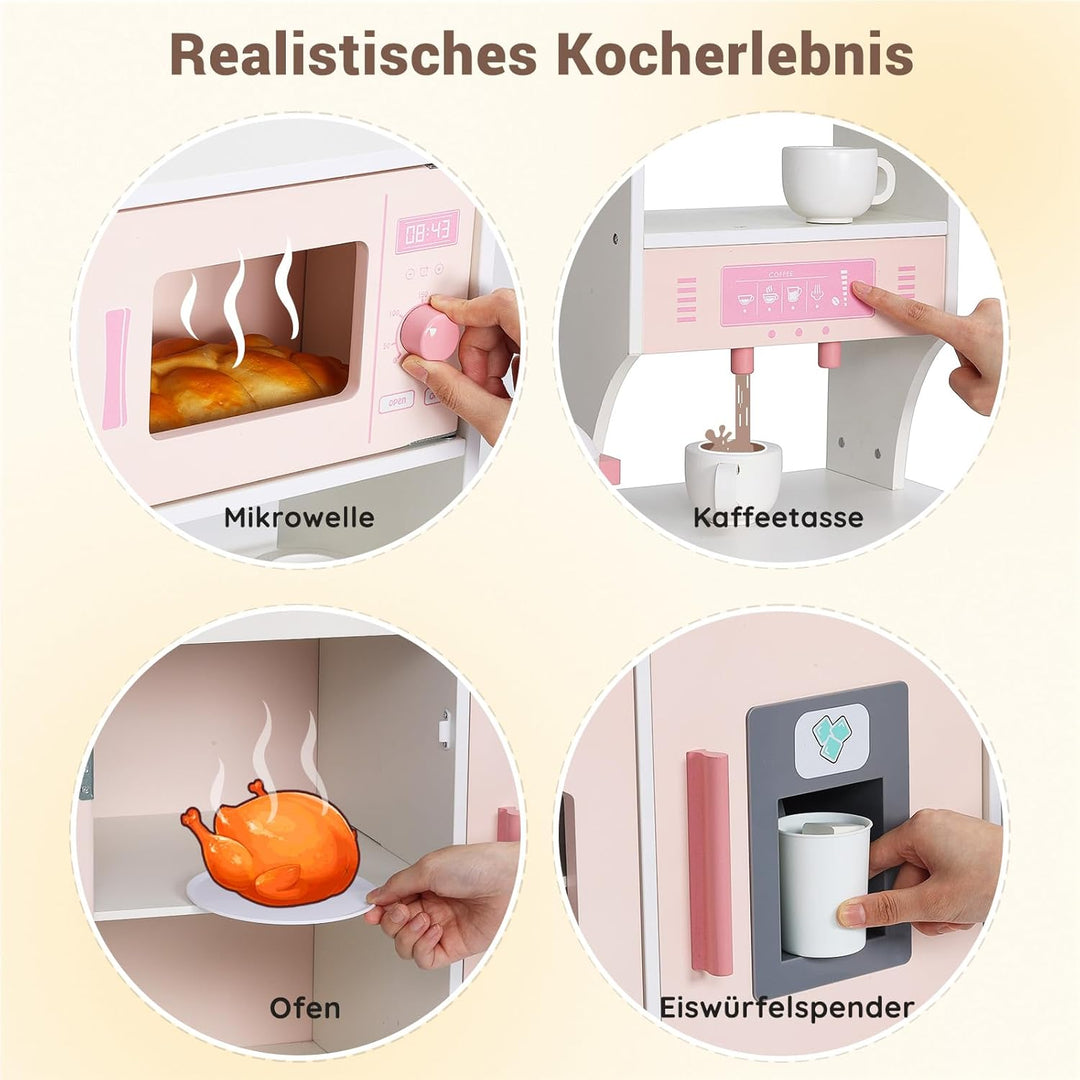 SainSmart Jr. Kinderküche Holz Spielküche für Kinder, Rosa – mit Licht & Sound, Eiswürfelspender, Mi