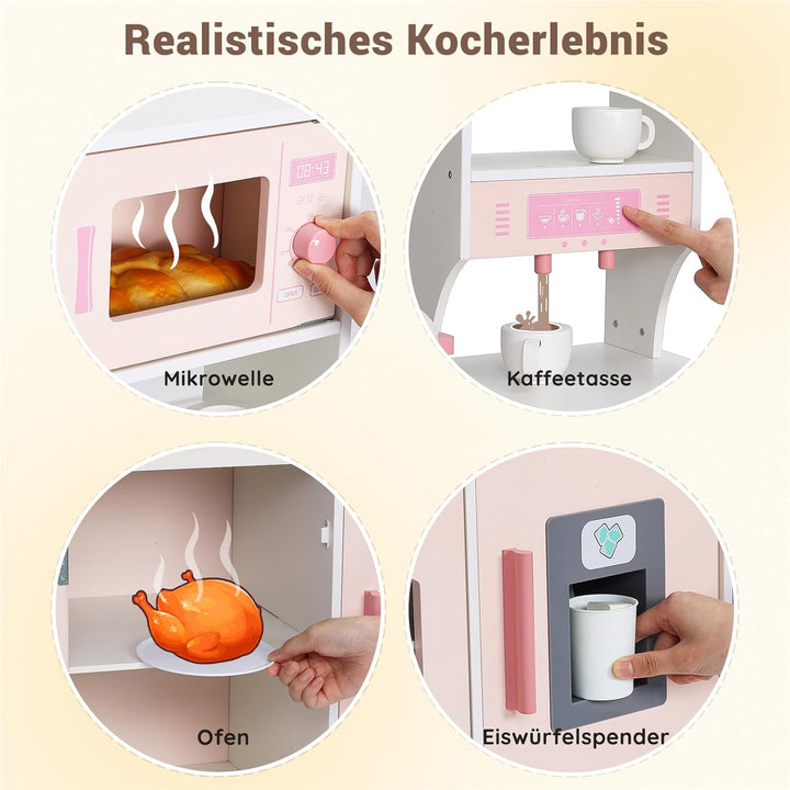 SainSmart Jr. Kinderküche Holz Spielküche für Kinder, Rosa – mit Licht & Sound, Eiswürfelspender, Mi
