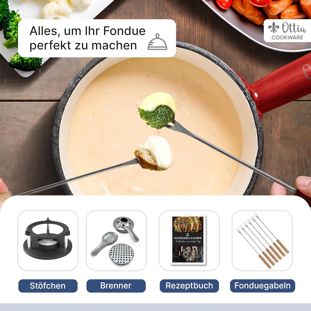Ottia Gusseisen Fondue Set für 2, 3, 4, 5, 6 Personen, 3-lagige Emaille, Schadstofffrei, 10-teilig m