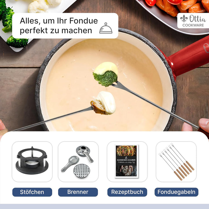 Ottia Gusseisen Fondue Set für 2, 3, 4, 5, 6 Personen, 3-lagige Emaille, Schadstofffrei, 10-teilig m