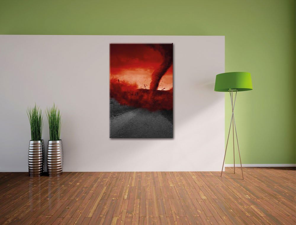 Pixxprint Roter stürmischer Tornado schwarz/weiss / 100x70cm Leinwandbild bespannt auf Holzrahmen/Wa