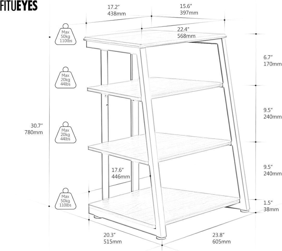 FITUEYES Design HiFi Rack aus Holz &amp; Stahl, Plattenspieler Tisch mit verstellbaren Ablage, HiFi Rega