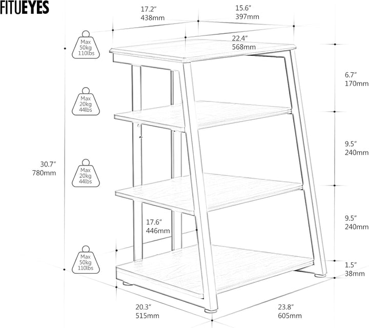 FITUEYES Design HiFi Rack aus Holz &amp; Stahl, Plattenspieler Tisch mit verstellbaren Ablage, HiFi Rega