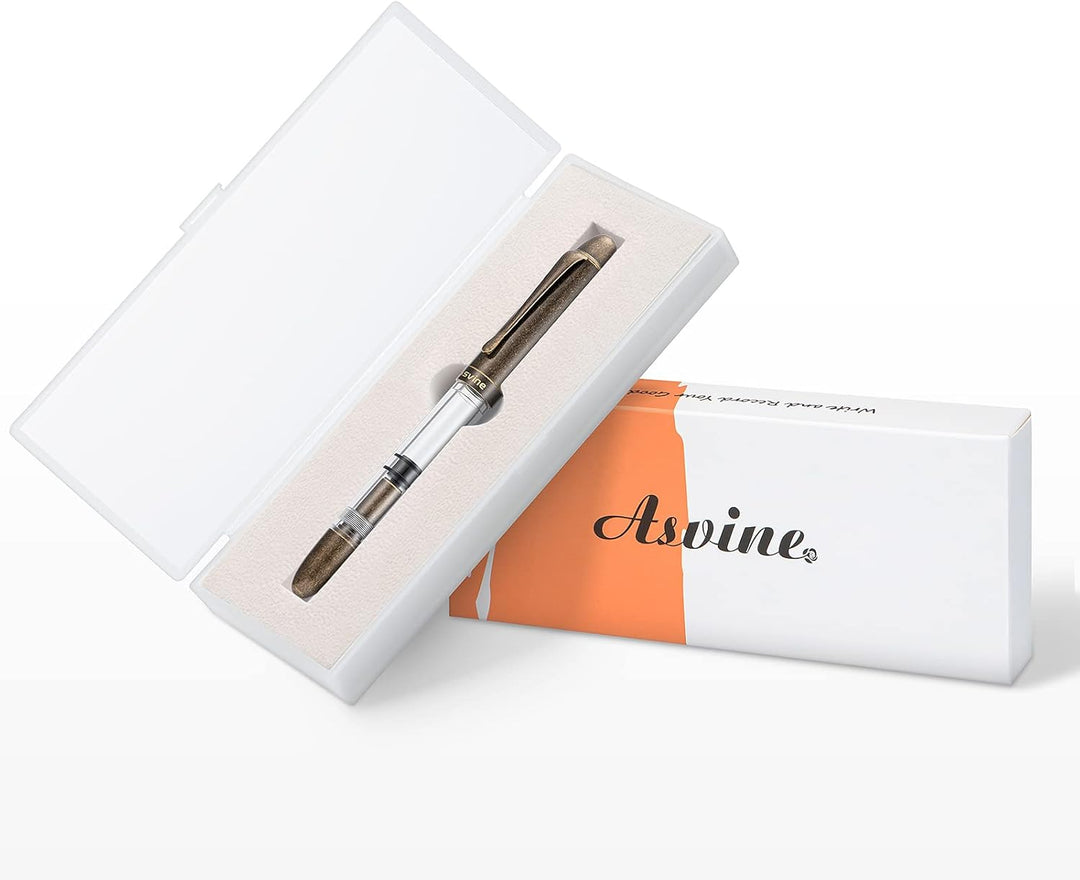 Asvine P30 Kolbenfüllhalter extra fein, Retro-Messing-Stil, transparentes Acryl, grosse Tintenkapazi