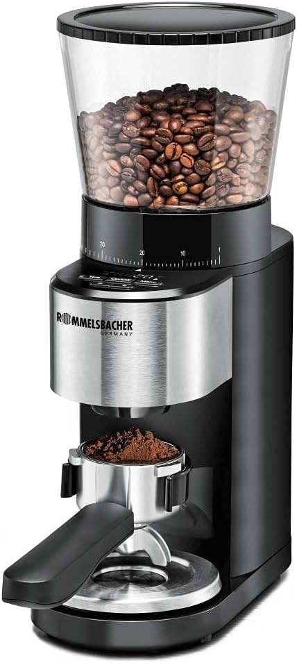 ROMMELSBACHER Kaffeemühle EKM 500 - Kegelmahlwerk, Präzisions-Waage, Halterung für Siebträger, Mahlg