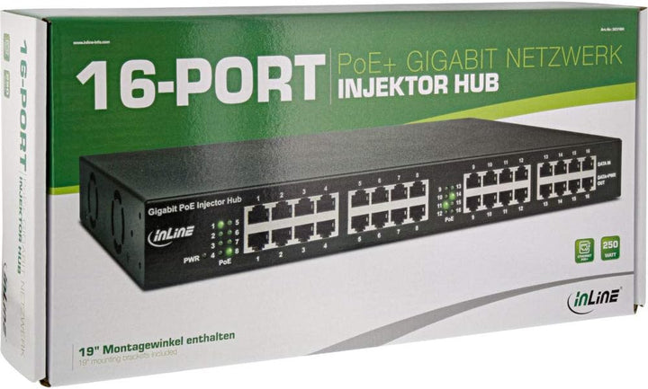 InLine® PoE+ Gigabit Netzwerk Injektor Hub 16 Port (16x PoE+), 1GBit/s, 19" (Winkel enthalten), Meta
