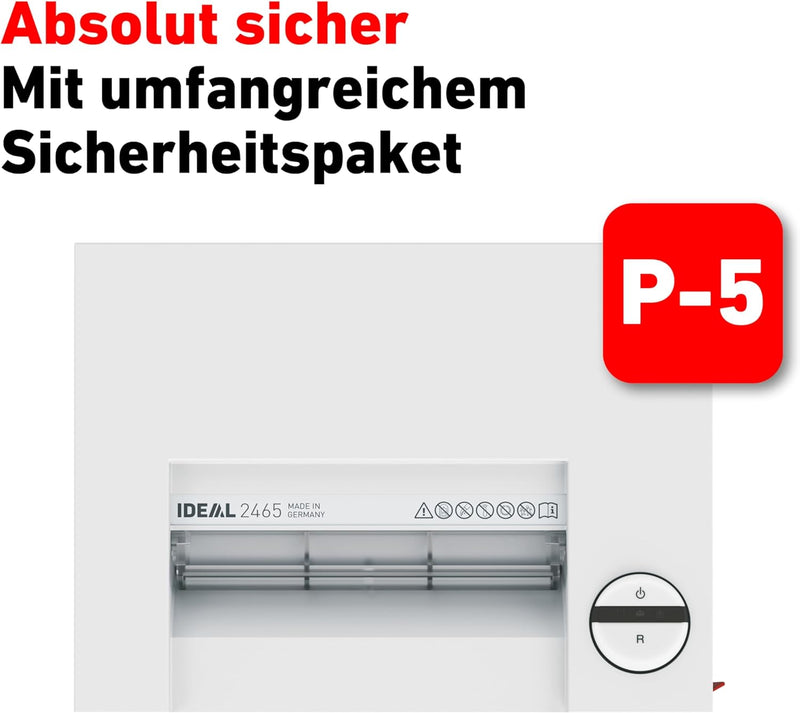 Aktenvernichter IDEAL 2465, Sicherheitsstufe P-5, Partikelschnitt 2 x 15 mm, 11 Blatt Kapazität, 35