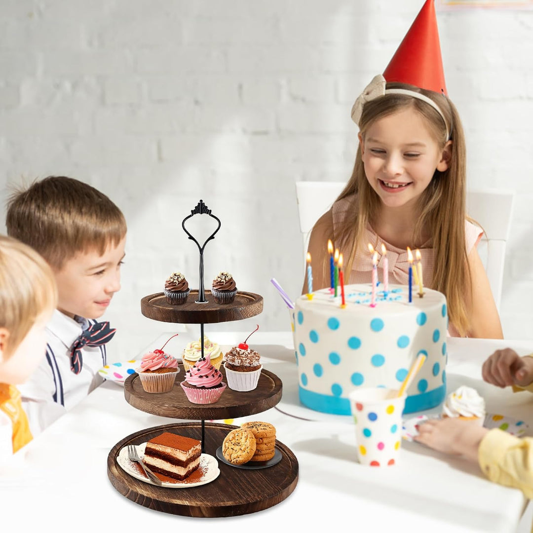 Etagere 3 Etagen, Tortenständer Holz, Cupcake Ständer mit Metallgriff, Kuchenständer Kuchenplatte, O