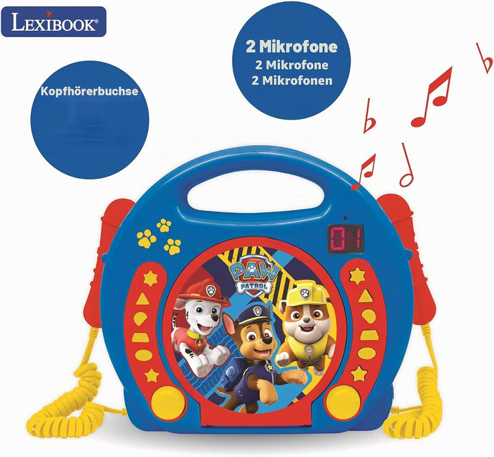 Lexibook, Paw Patrol, Tragbarer CD-Spieler mit Mikrofonen, Musikwiedergabe, Wiederholung und Program