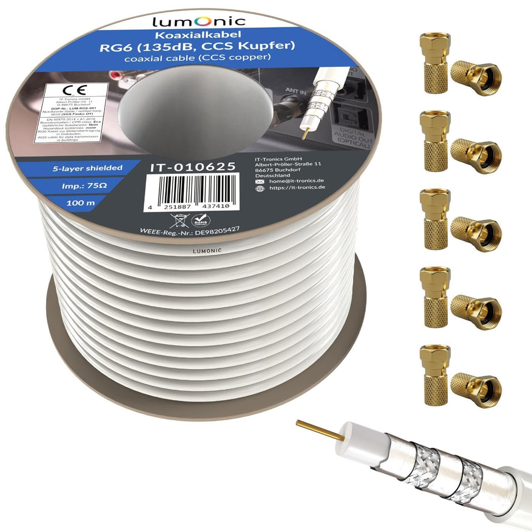 Lumonic Antennenkabel RG6 135dB 100m auf Rolle + 10x F-Stecker | 5-fach geschirmt - Schluss mit Bild