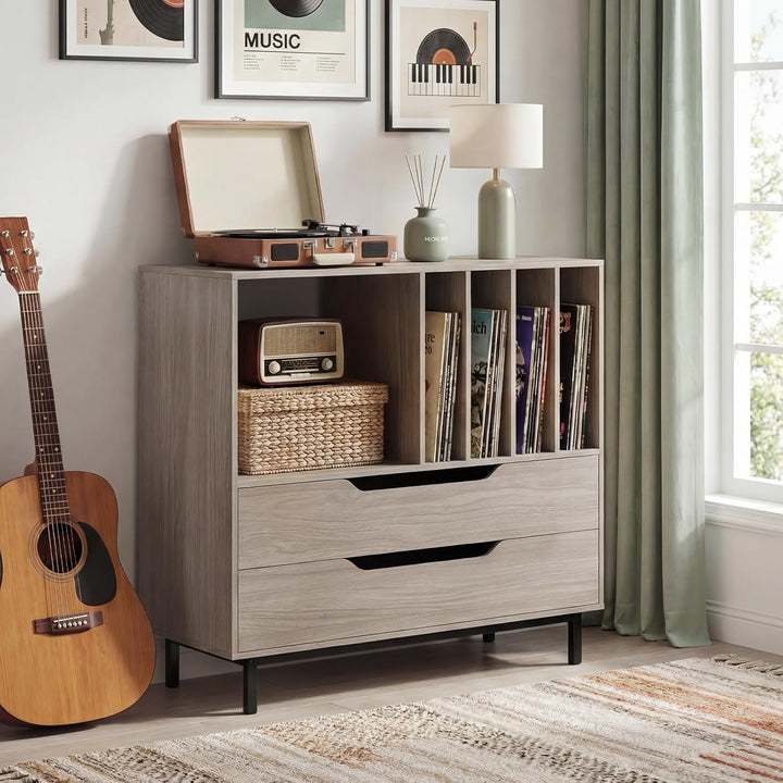 COSTWAY Plattenspielerständer, Mittelalter Plattenspielertisch mit offenem Fach, 4 Vinyl-Fächern & 2