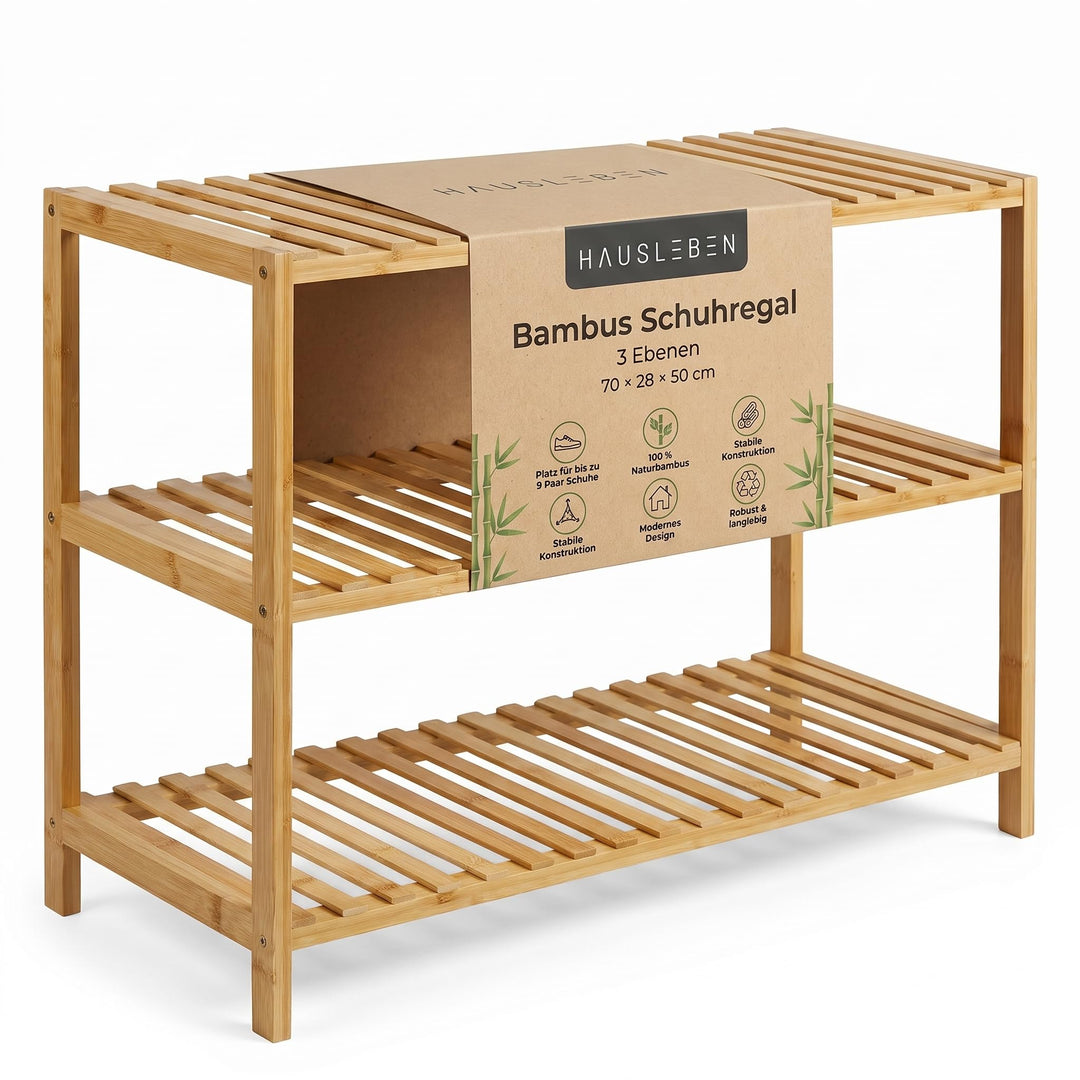 hausleben Bambus Schuhregal, 3 Ebenen, 70x28x50 cm, Naturholz Standregal | Umweltfreundlich &amp; Stabil