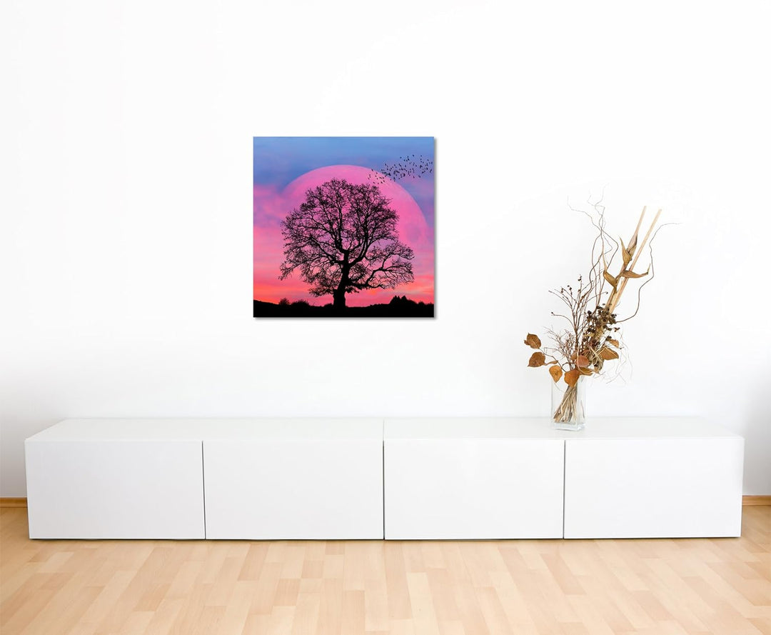 Wandbild 90x90cm Collage – Baum Silhouette vor Supermond auf Leinwand für Wohnzimmer, Büro, Schlafzi