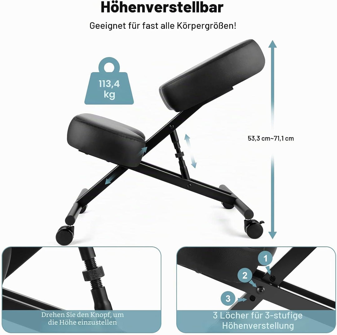 Kniestuhl Ergonomischer, Verstellbarer Kniehocker Stuhl für Büro, Metallgestell + Leder Bürostuhl Si