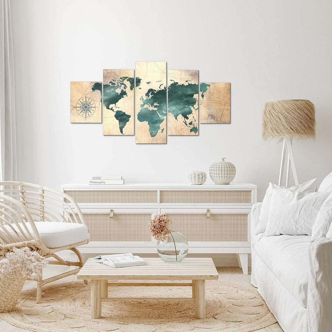 Runa Art Wandbilder Weltkarte 5 Teilig Bild auf Vlies Leinwand Deko Büro Wohnzimmer Steinoptik Beige