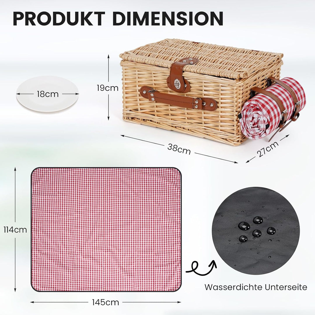 Picknickkorb für 2 Personen - Isolierter Vintage Weidenkorb mit wasserdichter Matte & Besteckset Paa