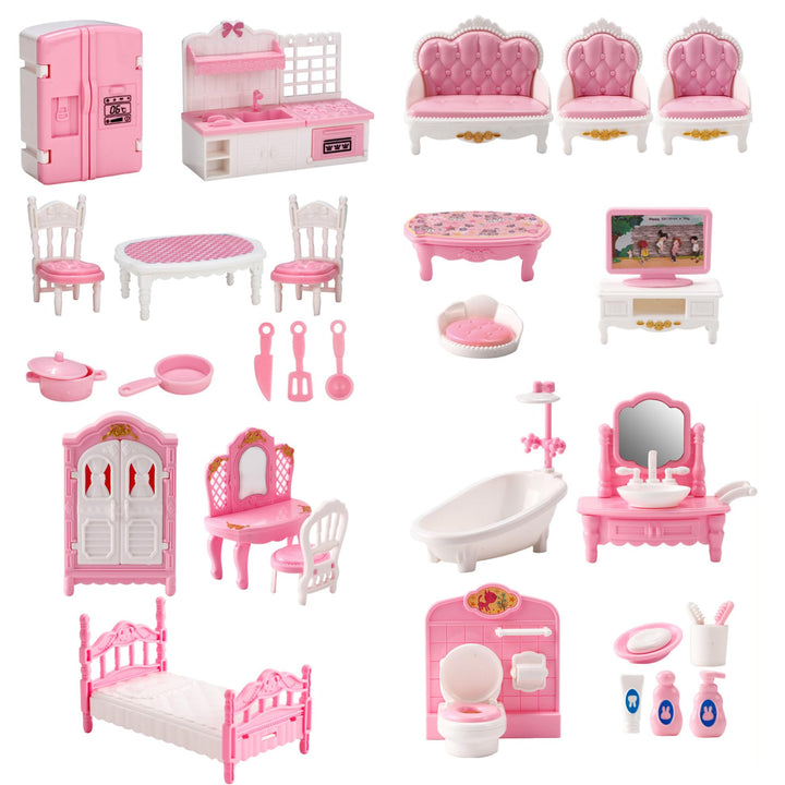 4 Sets Dollhouse Möbelset, realistische Plastikpuppenhausminiaturen umfassen Küchen, Schlafzimmer, B