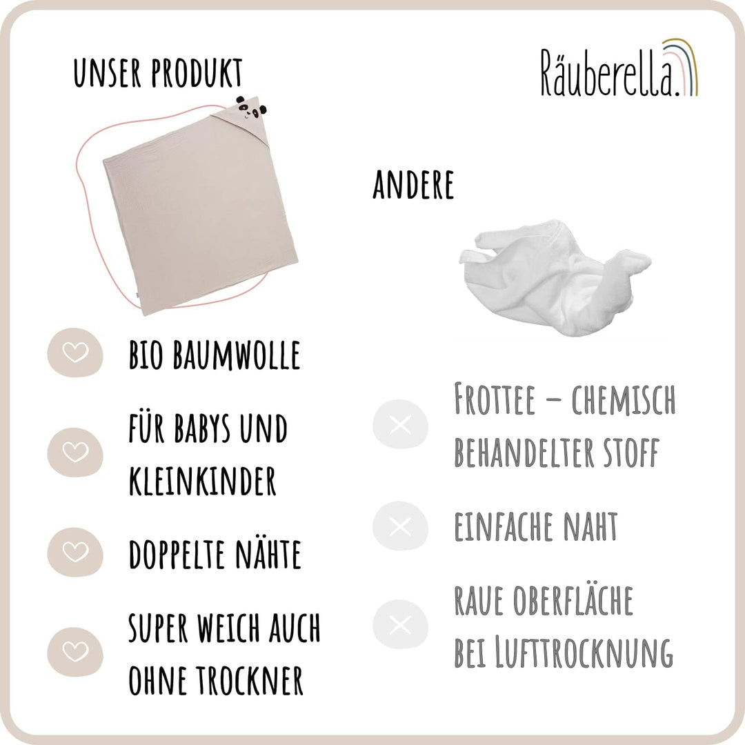 Räuberella® Panda-Kapuzenhandtuch Baby in Beige I 80x80cm I Musselin-Badetuch-Baby aus 100% Bio-Baum