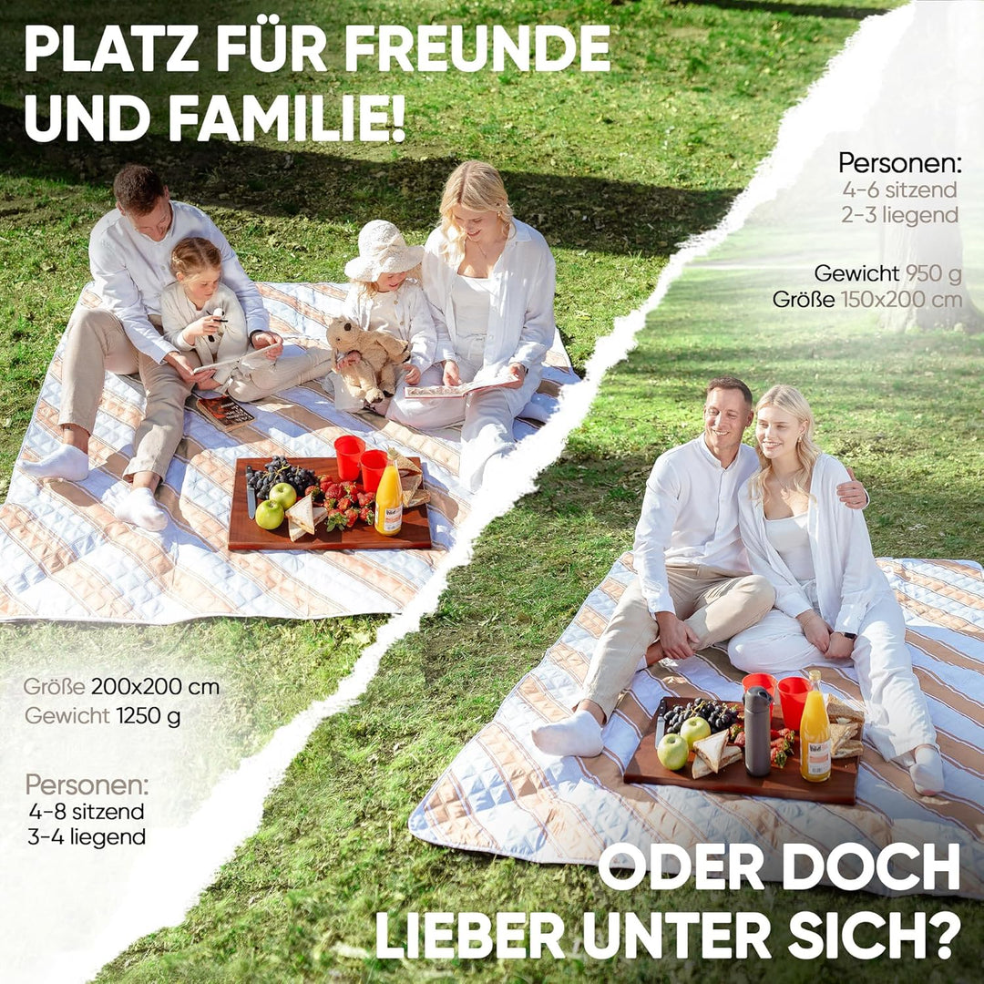 Picknickdecke wasserdicht 200x200cm isoliert & gepolstert - Stranddecke sandfrei – ideal für Camping