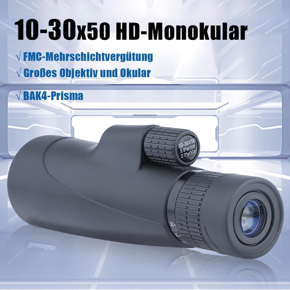 Monokular 10-30x50 Zoom Monokulares Teleskop with Clear Low Light Vision BAK4 Prisma, FMC Linse, ink