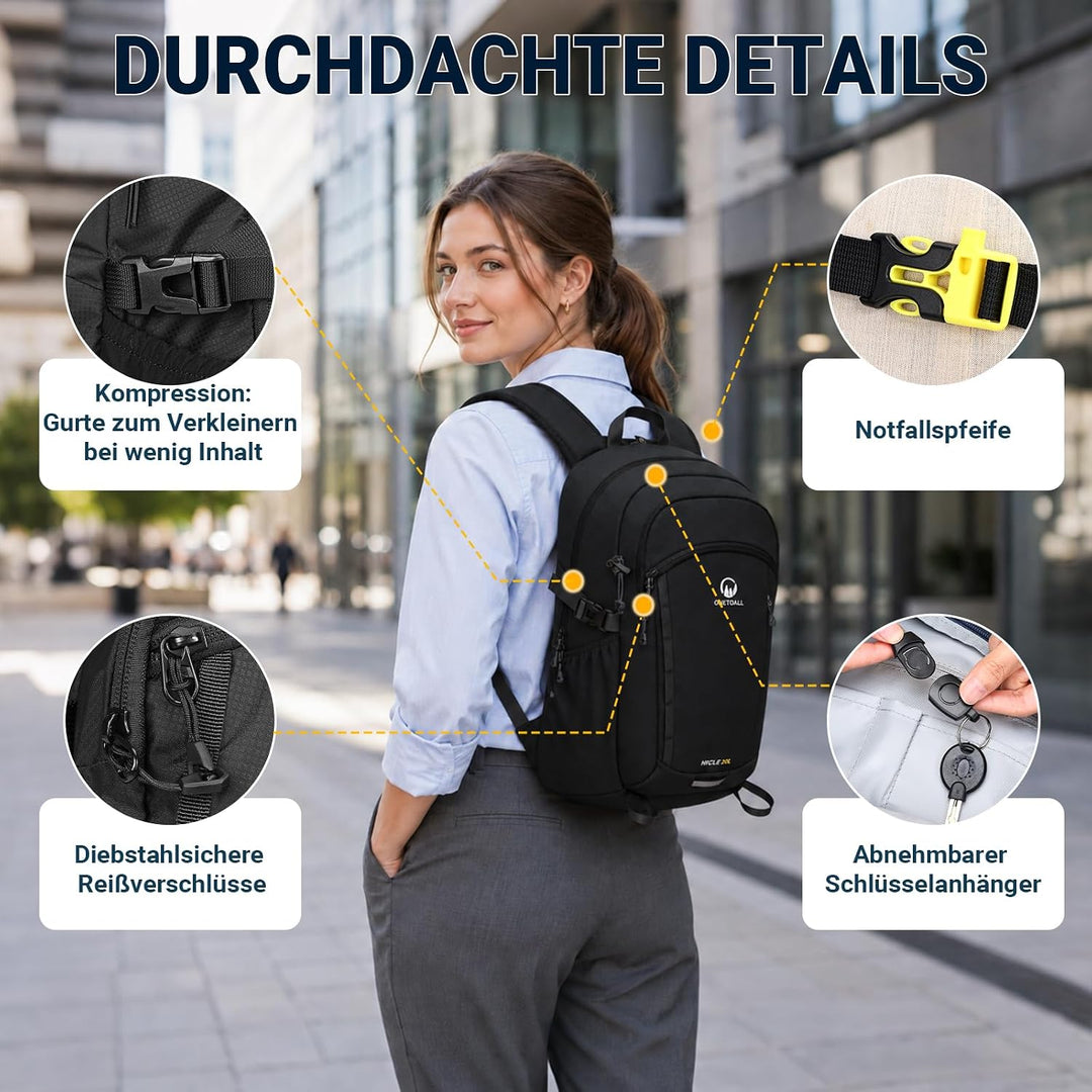 Wanderrucksack Damen & Herren 20L, Leichter Tagesrucksack Klein, Rucksack Wasserdicht mit Regenhülle