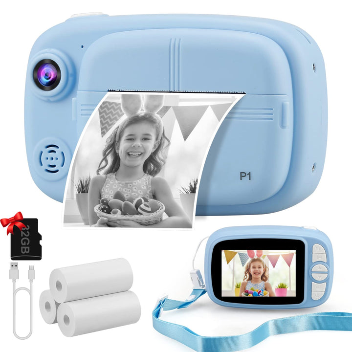 Misilmp Sofortbildkamera Kinder, Digital Kinderkamera 3.5" Zero-Ink-Druckpapier und 32GB TF-Karte,10