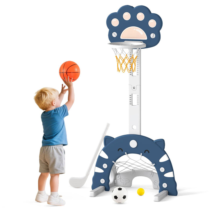 COSTWAY 3 in 1 Kinder Basketballkorb, Basketballständer mit Basketball &amp; Fussball &amp; Golfspiel, Indoo