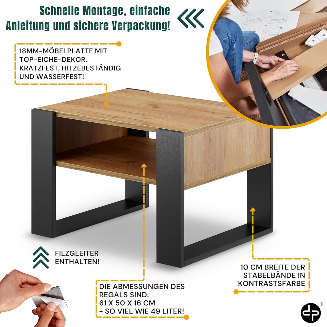 defiPad® Couchtisch mit Stauraum | Modern Wohnzimmertisch Eiche | 65CM Breite Kaffeetisch | Massiv u
